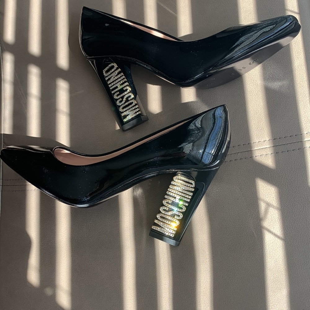 Moschino Patent Leather Crystal Logo Pumps - Picture 10 of 11